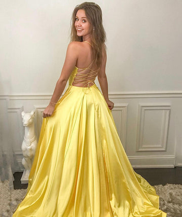 Yellow v neck satin long prom dress simple evening dress HZ1023